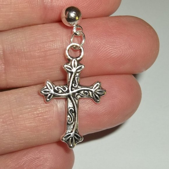 One Silver Cross Earring Men's Jewelry Unisex Style Minimalist Simple NWT 5325 - Picture 7 of 9